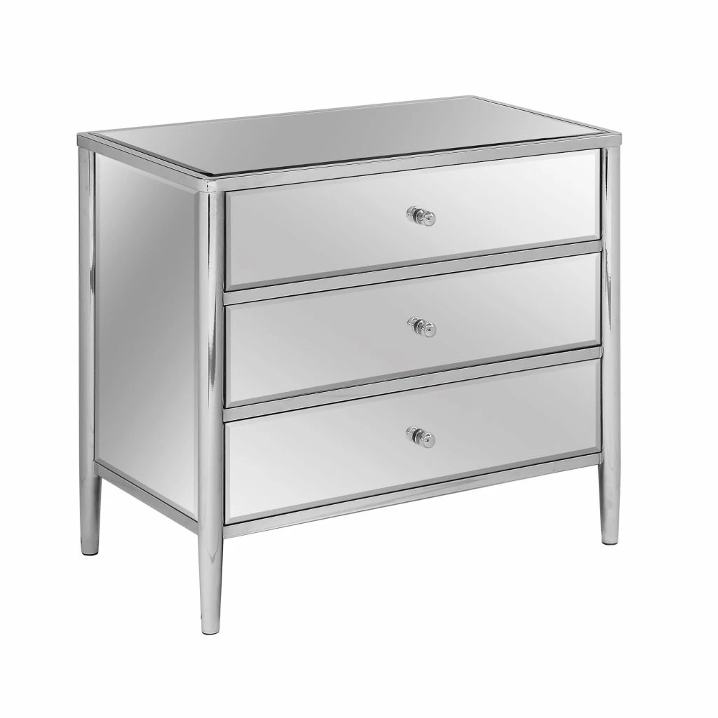 Crestview Collection Hollywood Nickel and Mirror 3 Drawer Chest, CVFZR1689 3 Crestview Collection Hollywood Nickel and Mirror 3 Drawer Chest, CVFZR1689