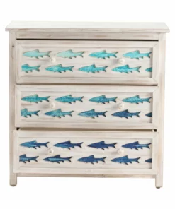 Crestview Collection 3 Drawer White Wash Chest with Gradient Blue Swimming Fish, CVFZR5075