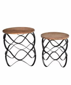Crestview Collection Bengal Manor Set of Wavy Iron Round Accent Tables with Wood Top, CVFNR403